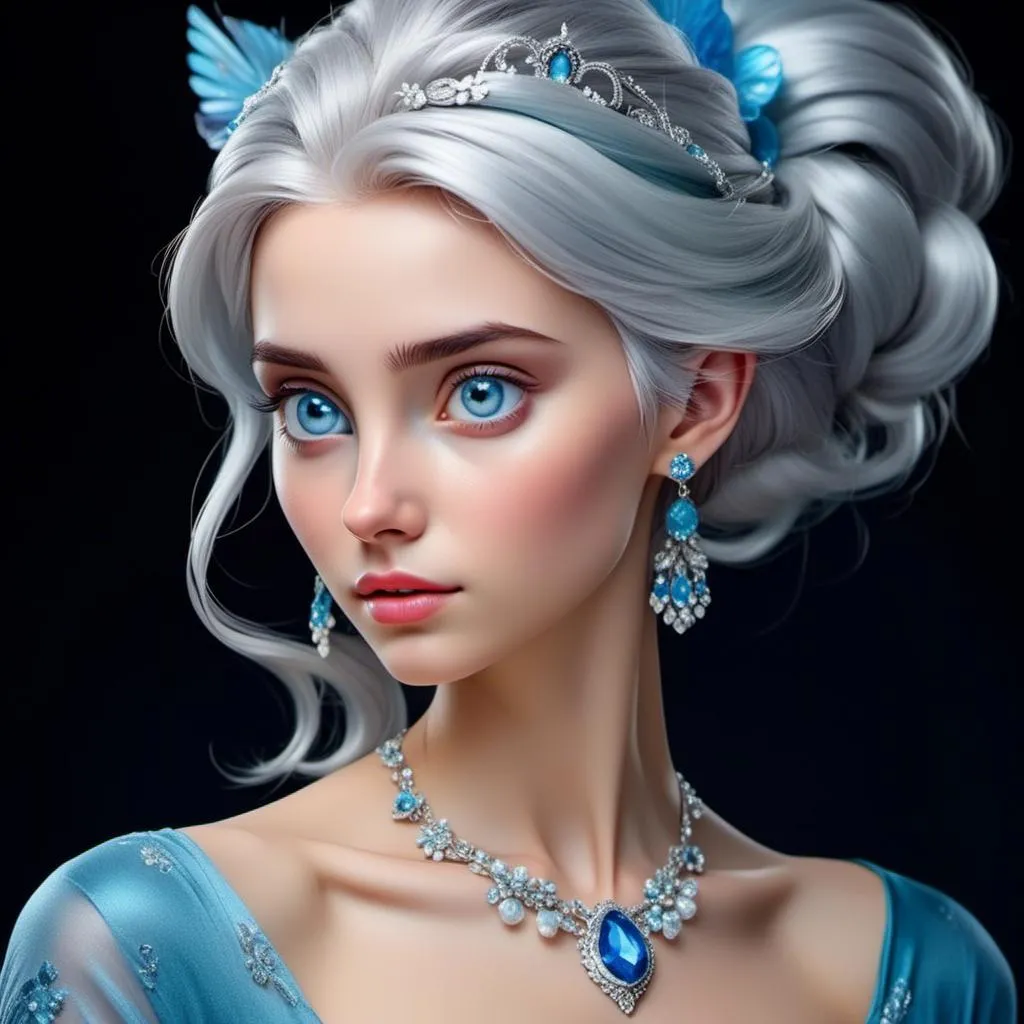 Prompt: <mymodel>A beautiful woman, snow white hair with pastel highlights, frosty blue eyes, blue eyeshadow, blue jewels on forehead