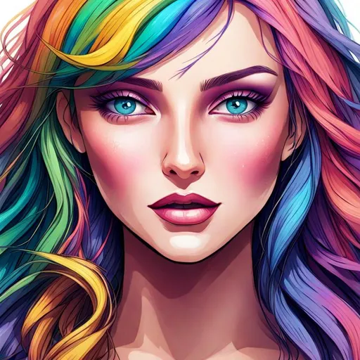 Prompt: pretty woman, rainbow hair, beautiful makeup,facial closeup,violet eyes, cartoon style