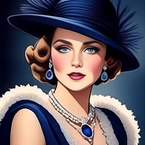 Prompt: <mymodel>Glamorously dressed lady of rhe 1930's wearing sapphire jewelry