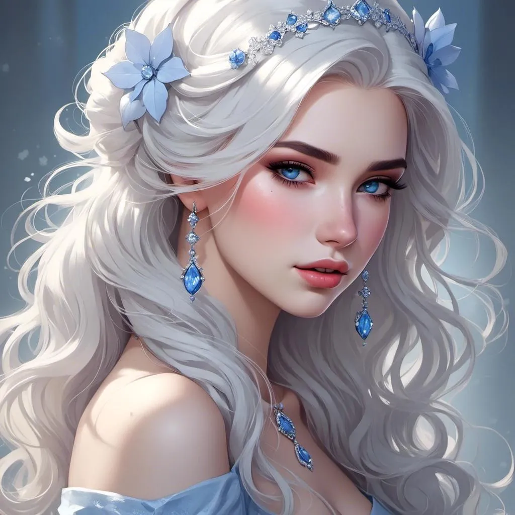 Prompt: <mymodel>A beautiful woman, snow white hair with pastel highlights, frosty blue eyes, blue eyeshadow, blue jewels on forehead