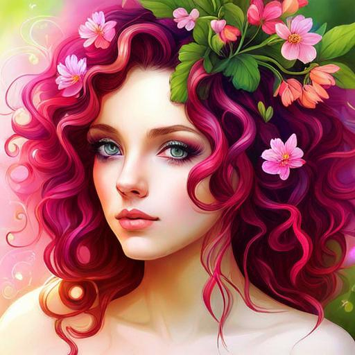 Prompt: a young fairy of spring, very curly hair, pink glow on cheeks,wildflowers, vivid colors, closeup