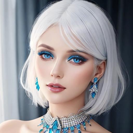 Prompt: A beautiful woman, white hair, blue eyes, blue eyeshadow, blue jewels o