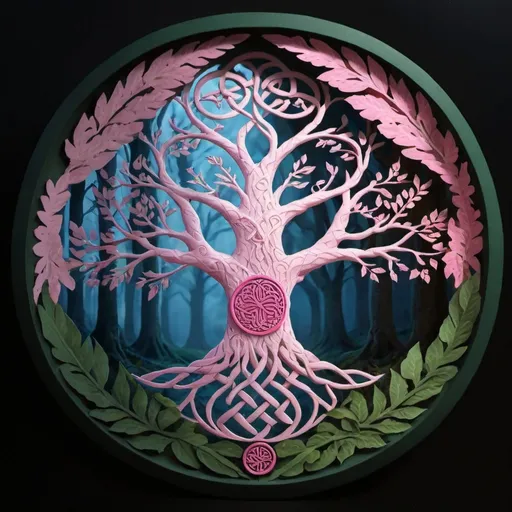 Prompt: A tree with pink foliage inside a celtic circle