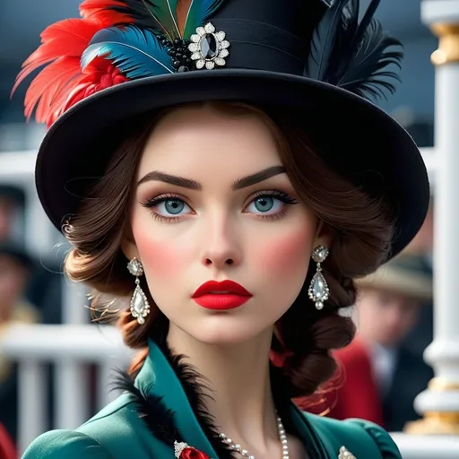 Prompt: <mymodel>fashionable 1st class  female passenger on the Titanic, pale skin, dark styled hair, large lips,  looking sad, facial closeup, vibrant colors, red dress and elaborate hat with feathers
