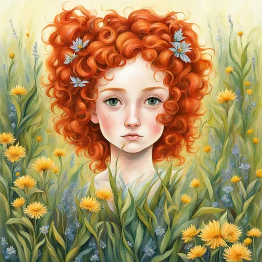 Prompt: ginger haired girl, wildflowers