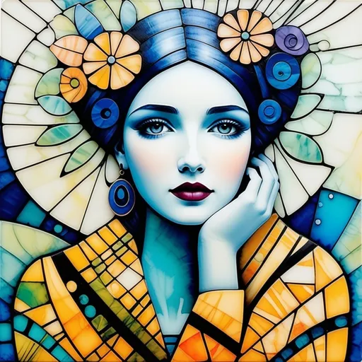 Prompt: Abstract encaustic texture, gradient inking colors, Jessica Galbreth, Irmgard Schoendorf Welch, Javier Mariscal, Charles Rennie Mackintosh, Lee Mullican style, a beautiful whimsical young woman, wonderland, decoupage.