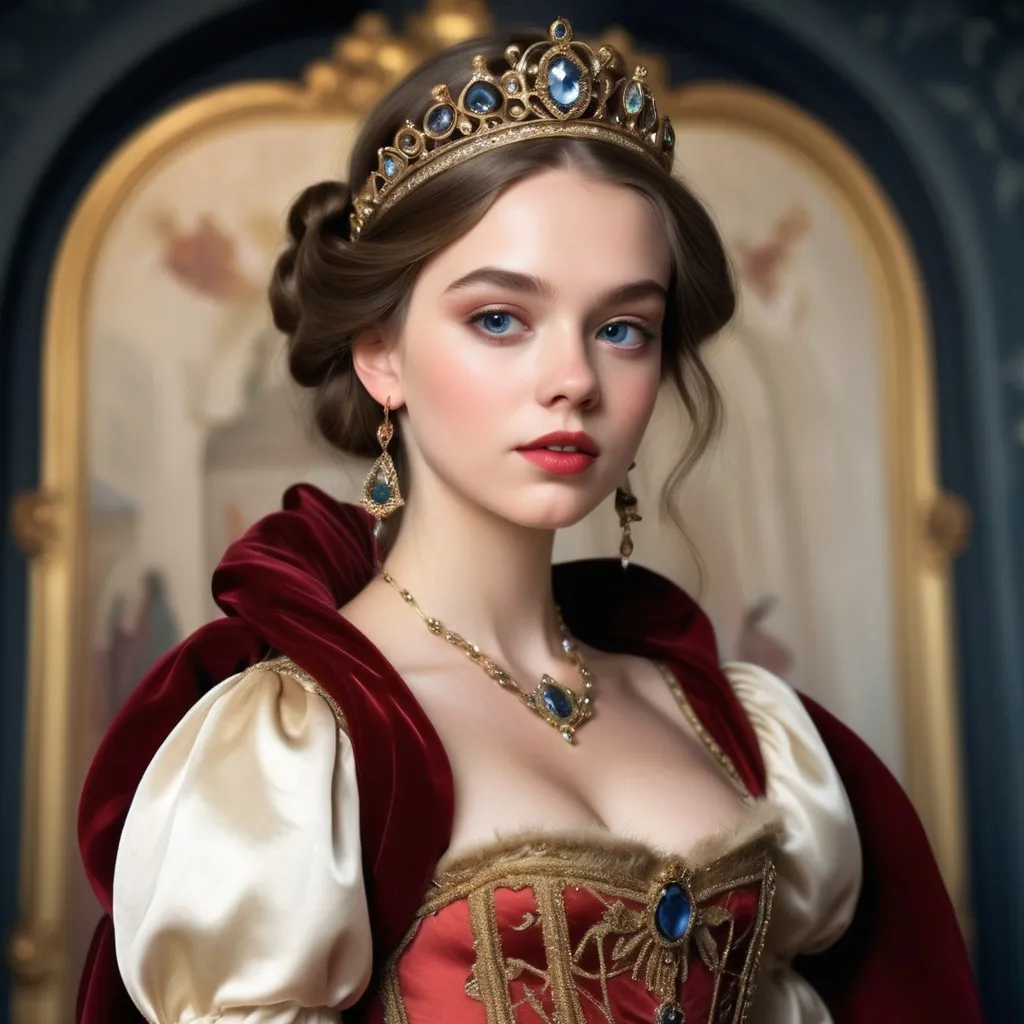 Prompt: portrays beautiful women as historical princesses in sumptuous costumes and settings.