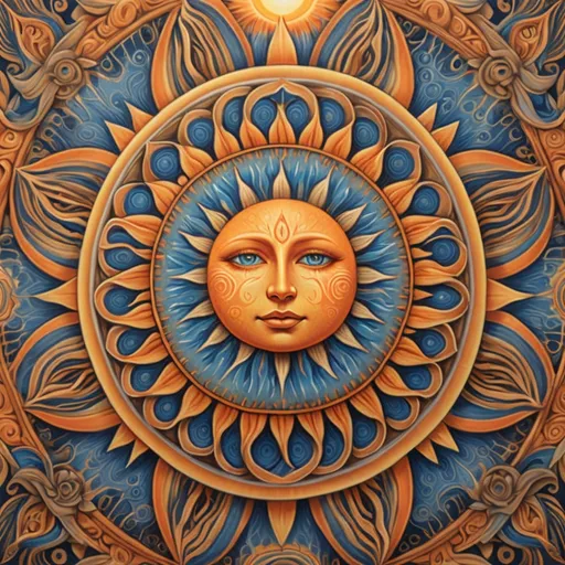 Prompt: a mandala with the sun with a face in the center of it, surrounded by blue and orange , Amanda Sage, psychedelic art, sun, a detailed painting