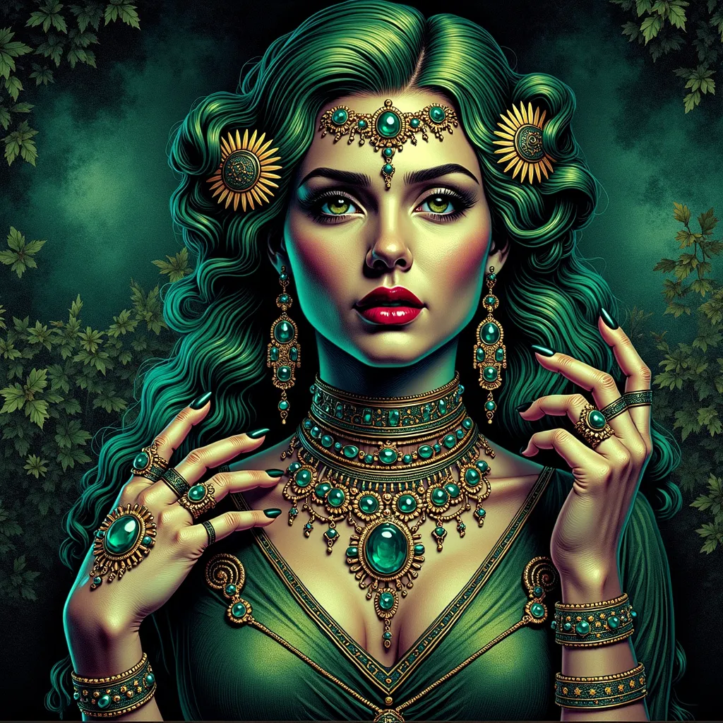 Prompt: a woman with green hair and jewelry on her chest and hands on her chest, wearing a necklace and earrings, Edwin Georgi, fantasy art, highly detailed digital painting, a digital painting