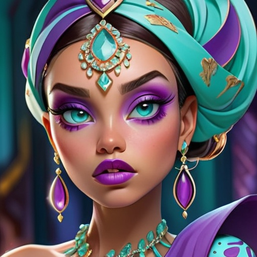 Prompt:  illustration of a young woman, aqua and purple tones, elaborate jewelry, detailed makeup, colorful attire,  professional, dynamic lighting