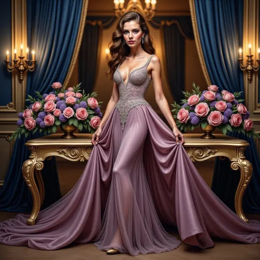 Prompt: Draped in a breathtaking gown that flows elegantly to the floor, a stunning woman exudes grace and sophistication in a lavish ballroom setting. Her dress, a mesmerizing blend of soft lavender and rich purple, features intricate floral embellishments that glimmer softly in the warm candlelight illuminating the opulent space. Surrounding her, an arrangement of lush roses and violets spills from a grand golden table, while soft, billowing curtains frame the scene, adding an air of intimacy and grandeur. The warm, golden light highlights her radiant complexion and reflects off her cascading curls, creating a fairy-tale ambiance that whispers elegance and romance.