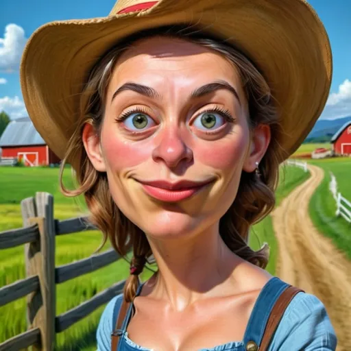 Prompt: <mymodel>a pretty farm girl in a classic farm scene with a red barn, rustic countryside setting, vibrant green pastures, traditional wooden fences, clear blue sky, high quality, oil painting, classic style, warm tones, natural lighting