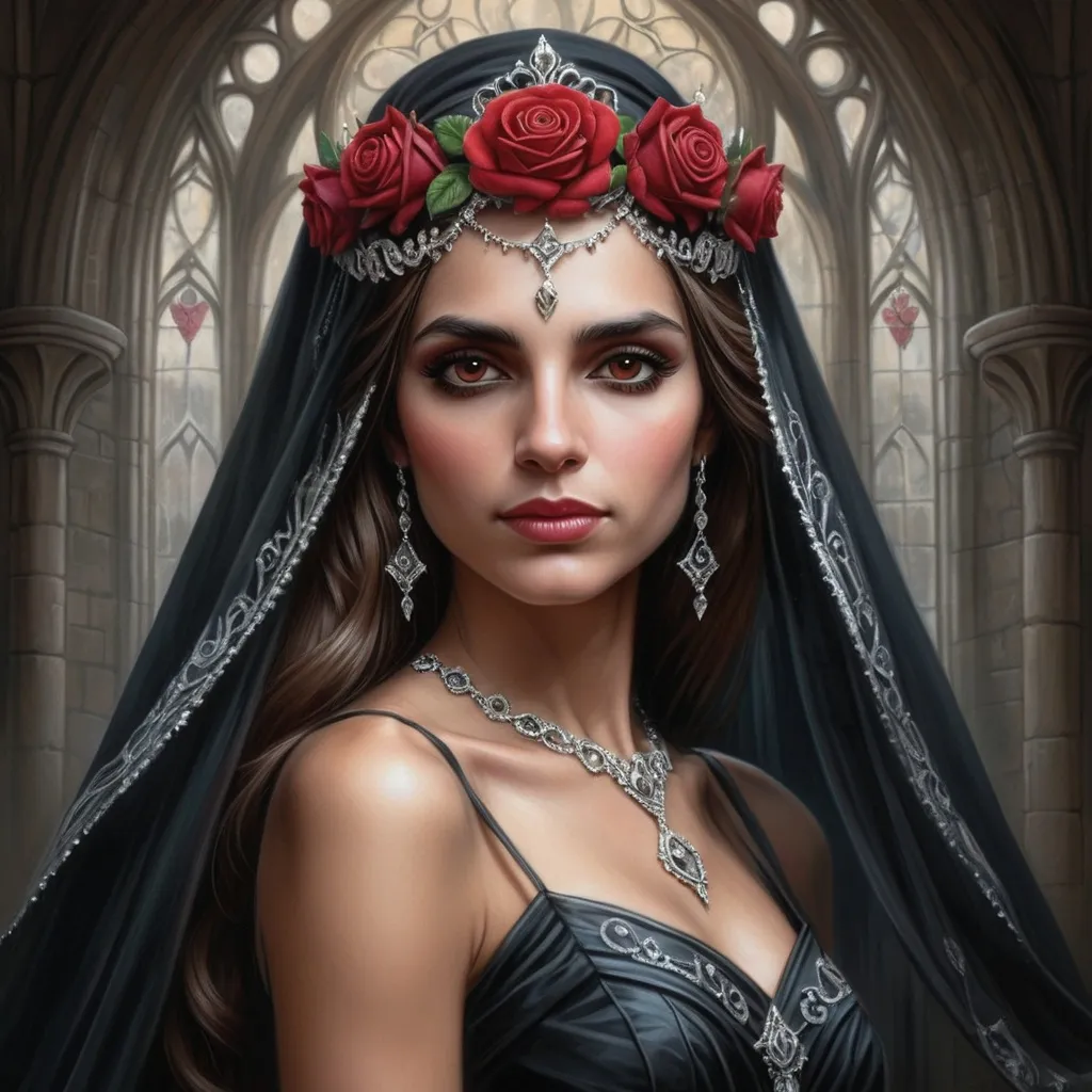 Prompt: a painting of a woman wearing a tiara and a veil with a rose on it's head, Anne Stokes, gothic art, highly detailed digital painting, a digital painting