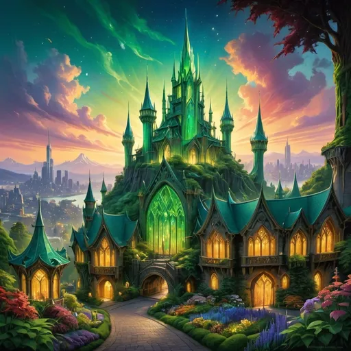 Prompt: A breathtaking view of The Emerald City, bathed in vivid emerald green hues that shimmer under the soft glow of a golden sunset. Towering spires of polished crystal rise against a clear azure sky, reflecting the radiant colors of the surrounding enchanted landscape. Lush, vibrant gardens flourish at the base, with exotic flowers and winding paths leading up to grand, intricately designed gates. Glimmers of light dance off the structures, creating a magical atmosphere. In the foreground, a group of whimsical characters with awe-struck expressions stand in admiration, their colorful attire complementing the vibrant palette. The scene captures a sense of wonder and enchantment, evoking memories of childhood adventures. The overall style is reminiscent of cinematic fantasy art, filled with rich textures and luminous drama.