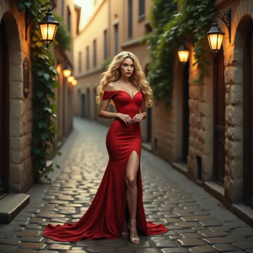 Prompt: A stunning figure stands at the heart of a charming cobblestone alleyway, flaunting a striking red gown that hugs her curves and elegantly splits at the thigh, revealing a glimpse of her leg. The woman’s long, wavy blonde hair cascades over her shoulders, framing a face adorned with bold red lips and captivating makeup that enhances her allure. Surrounding her, warm golden light emanates from vintage lanterns attached to the rustic stone walls, while lush green ivy trails down, adding a touch of nature's beauty. The scene is infused with an intimate, romantic atmosphere, suggesting an enchanting evening in an old-world town, where elegance meets timeless charm.