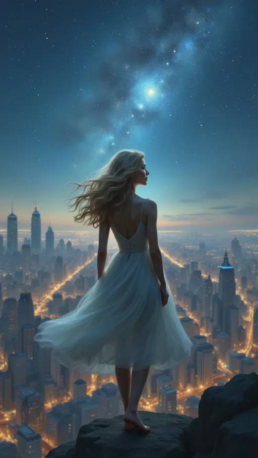 Prompt: a woman in a dress looking at the stars in the sky above a cityscape with a skyscrapers in the background, Anna Dittmann, fantasy art, highly detailed digital painting, an airbrush painting