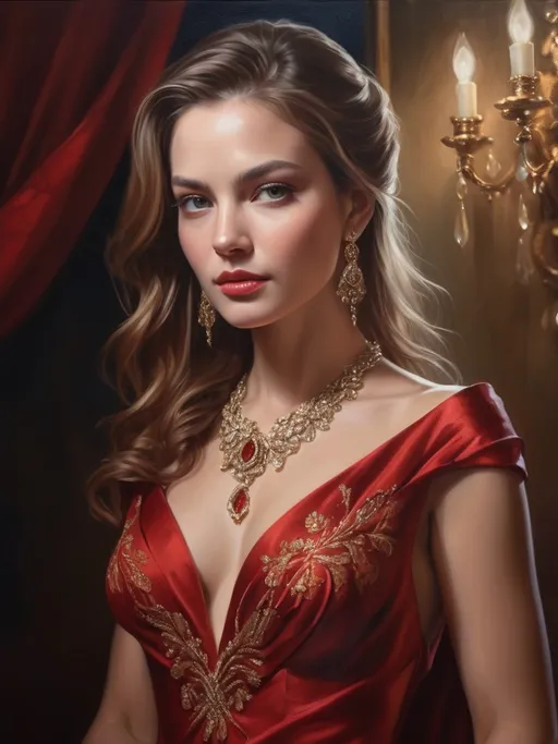 Prompt: a powerful and elegant woman, flowing red gown, intricate jewelry, captivating gaze, detailed facial features, high quality, realistic, oil painting, elegant, flowing gown, powerful, captivating gaze, detailed facial features, intricate jewelry, professional lighting