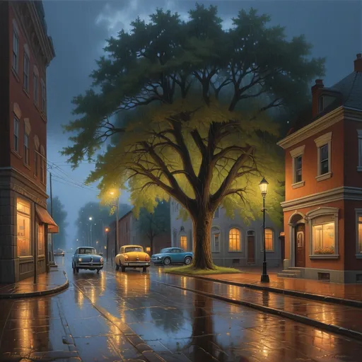 Prompt:  a tree on a rainy street at night with a car parked on the side of the road, Evgeny Lushpin, american scene painting, highly detailed oil painting, a photorealistic painting