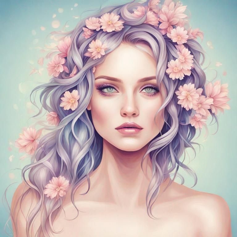 Prompt: Beautiful creation, woman with flowers in her hair, pastel colors