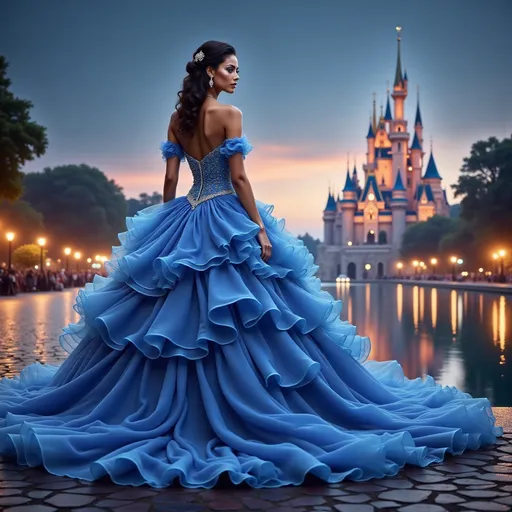 Prompt: Bathed in the soft glow of twilight, a stunning figure in an elaborate blue gown stands at the water's edge, her back turned to the viewer as she gazes at a majestic castle reflected in the serene water. The gown, adorned with intricate ruffles and shimmering embellishments, cascades around her, enhancing the sense of elegance and grandeur. The atmosphere is infused with a magical quality, highlighted by twinkling stars and the soft illumination of street lamps lining the walkway. Behind her, the silhouette of the castle rises dramatically against the evening sky, creating a fairytale backdrop that whispers of romance and enchantment. The combination of rich colors and ethereal light encapsulates a moment of dreamy beauty, inviting the imagination to wander.