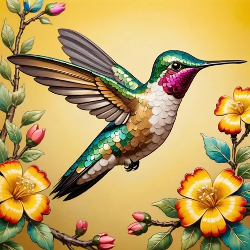 Prompt: a colorful hummingbird flying over a flowery branch with a yellow background and a yellow background with flowers, Clara Miller Burd, cloisonnism, highly detailed digital painting, an airbrush painting