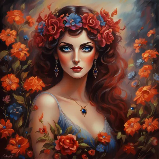 Prompt: <mymodel>Nataasha-Beautiful woman with flowers, oil painting, detailed fiery eyes, ethereal glow, dark and mysterious, high quality, vibrant colors, surreal, haunting, intricate floral details, intense gaze, mystical atmosphere, oil painting, demon, hybrid, fiery eyes, ethereal, vibrant colors, surreal, haunting, floral details, intense gaze, mystical atmosphere