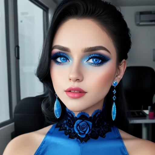 Prompt: A woman all in blue, blue eyes, pretty makeup