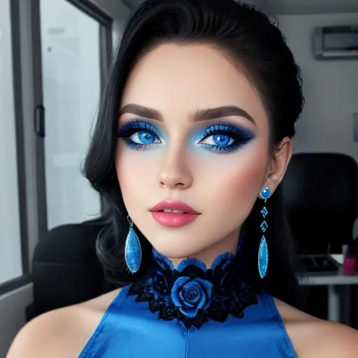 Prompt: A woman all in blue, blue eyes, pretty makeup