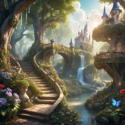 Prompt: (Snow White), enchanting forest setting, (lush greenery), (vibrant colors), magical ambiance, captivating atmosphere, sparkling clear streams, whimsical wildlife, intricate details, (HD), romantic lighting, floral accents, ethereal charm, fairytale elements, dreamy background, fairy tale character, timeless elegance.