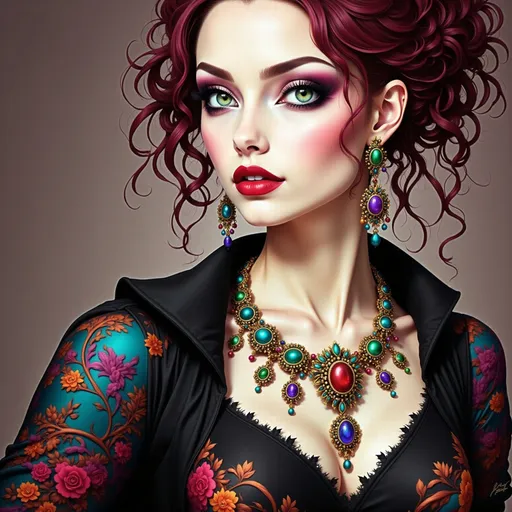 Prompt: a woman with a necklace and earrings on her neck and a red lip and a black dress on her chest, Edwin Georgi, gothic art, highly detailed digital painting, a photorealistic painting