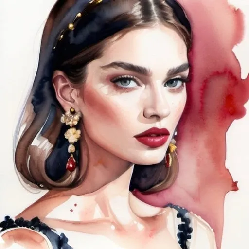 Prompt: Watercolour painting of a Dolce and Gabbana model, portrait, woman portrait, beautiful, high fashion, Vogue