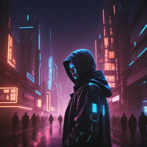 Prompt: Sleek, futuristic sci-fi illustration of a mysterious figure in a cool-toned cyberpunk city setting, neon lights casting a blue glow, highres, detailed, cyberpunk, cool tones, futuristic, sleek design, atmospheric lighting, mysterious, cityscape