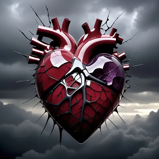 Prompt: vivid imagery of a shattered heart, melancholic tones, deep crimson and muted violet colors, sharp glass fragments reflecting light, a backdrop of softly swirling grey clouds, somber ambiance, emotions of longing and sorrow, intricate details of cracks and lacerations on the heart surface, high-definition, ultra-detailed visual composition.