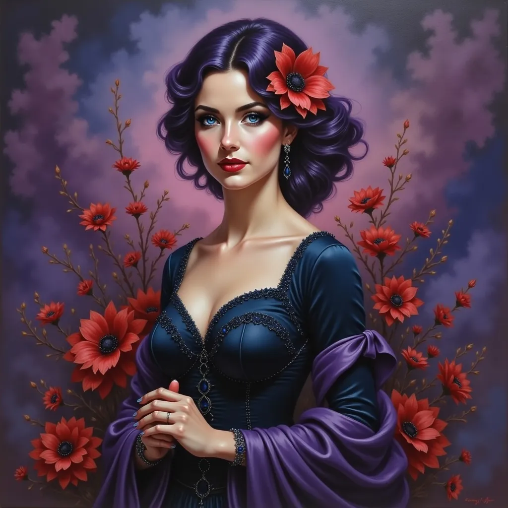 Prompt: a painting of a woman with purple hair and a red flower in her hair, wearing a purple dress, Art of Brom, gothic art, highly detailed oil painting, an ultrafine detailed painting