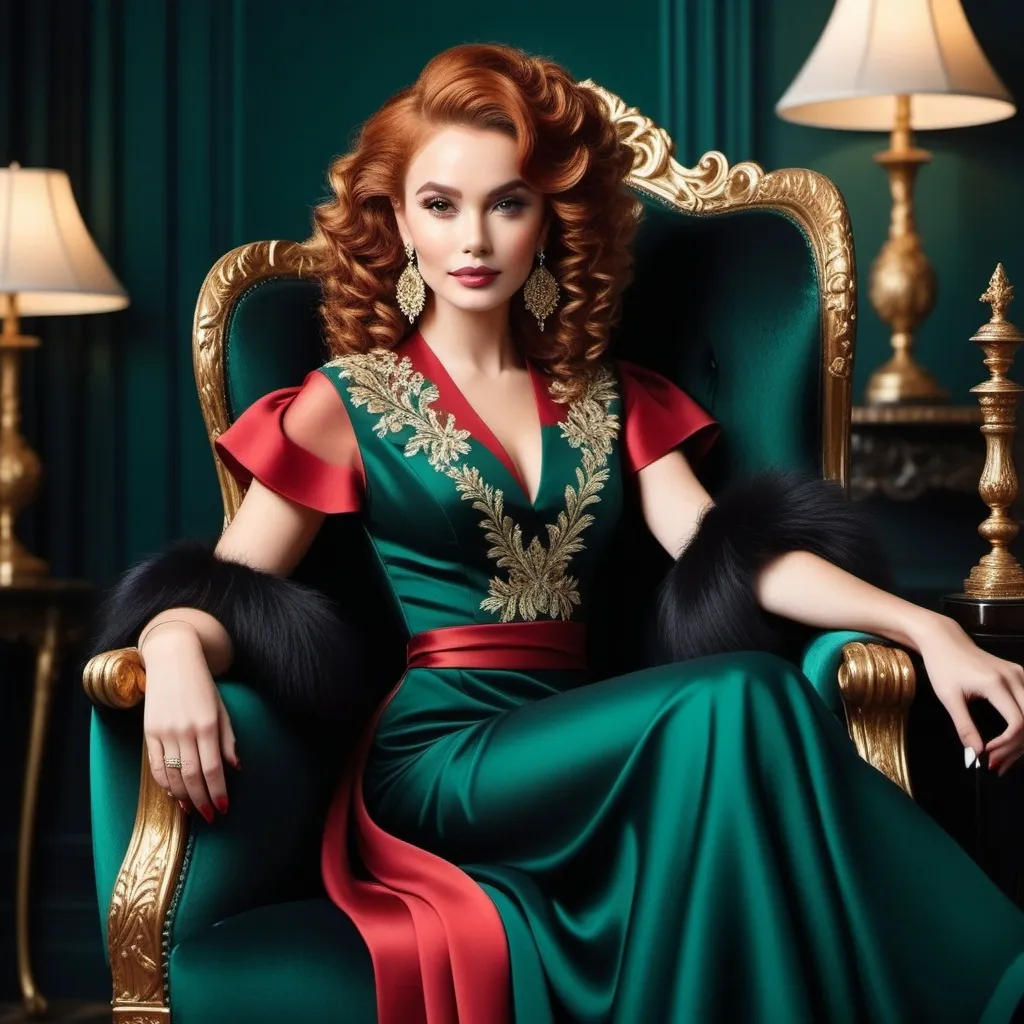Prompt: Elegantly poised in a lavishly adorned armchair, a striking woman exudes confidence and sophistication with her mesmerizing red curls cascading over her shoulders. She wears a stunning emerald green dress, beautifully embellished with intricate gold embroidery and delicate lacing that highlights her figure, while a soft black fur wrap rests on her arm. The opulent setting features rich teal walls and a backdrop of softly glowing candlelight, creating a warm, inviting atmosphere that complements her captivating beauty. The interplay of light accentuates the luxurious fabrics and the ornate details of the chair, enhancing the image's overall sumptuousness and elegance. This portrait encapsulates a sense of glamour and timeless charm, drawing the viewer into a world of refined grace.
