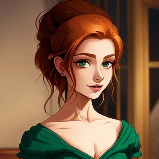 Prompt: Elegantly dressed lady,  emerald evening gown, ginger hair in an uodo, pretty makeup, facial closeup, in a cartoon style