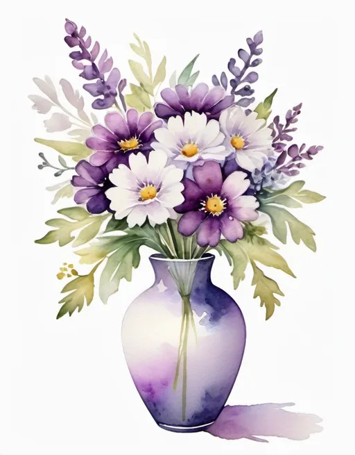 Prompt: watercolor portrait, vase with bouquet of purple and white flowers, white background