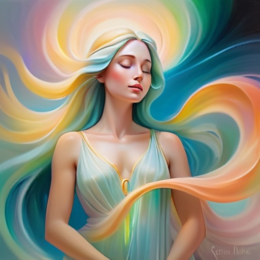 Prompt: Ethereal oil painting of a serene goddess, flowing pastel brushstrokes, surreal ethereal beauty, divine radiance, high quality, oil painting, serene beauty, pastel tones, soft lighting