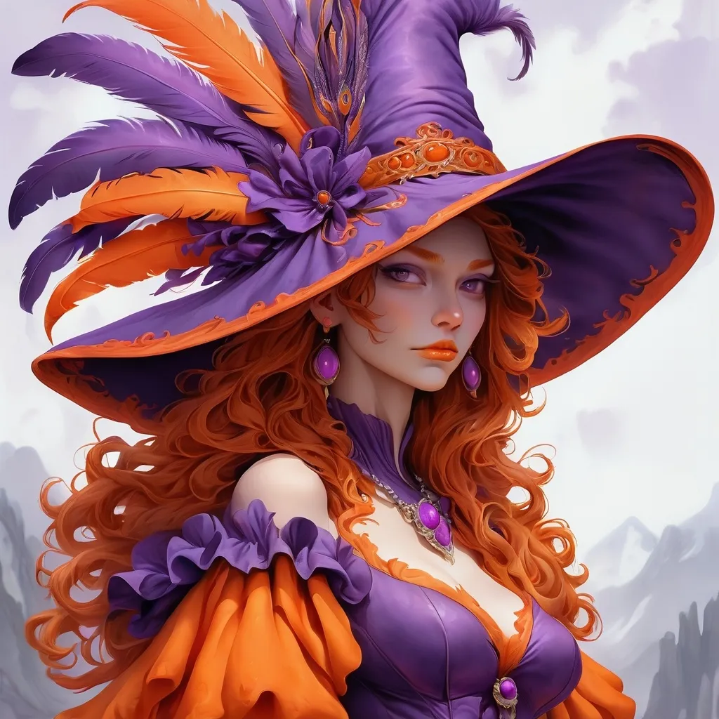 Prompt: a woman wearing a purple hat with orange feathers on it's head and a purple dress with orange trim, Art of Brom, fantasy art, highly detailed digital painting, a photorealistic painting