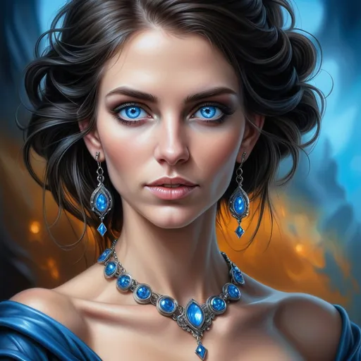 Prompt: a woman with blue eyes wearing a necklace and earrings with a blue background , Anne Stokes, fantasy art, highly detailed digital painting, a photorealistic painting