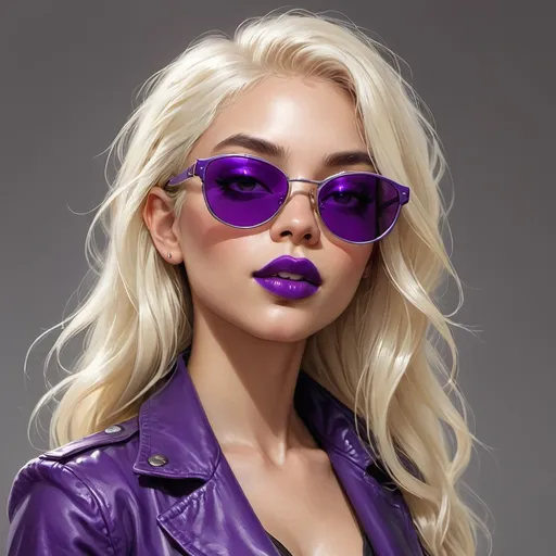 Prompt:   platinum  blonde  girl wearing purple sunglasses and purple lipstick