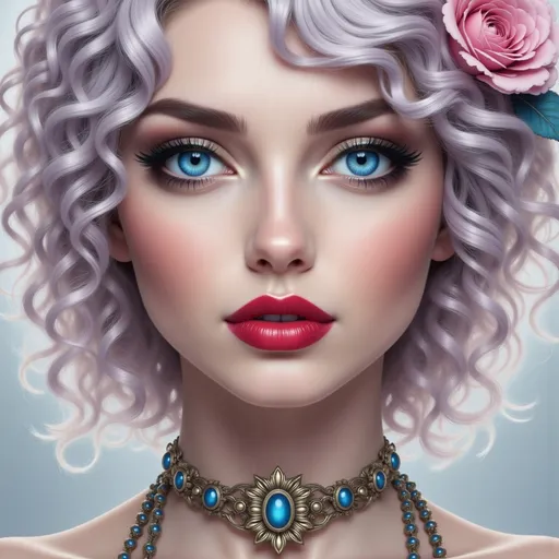 Prompt: a woman with blue makeup and a flower in her hair and a necklace on her neck and a blue flower in her hair, Anna Dittmann, fantasy art, highly detailed digital painting, a digital painting