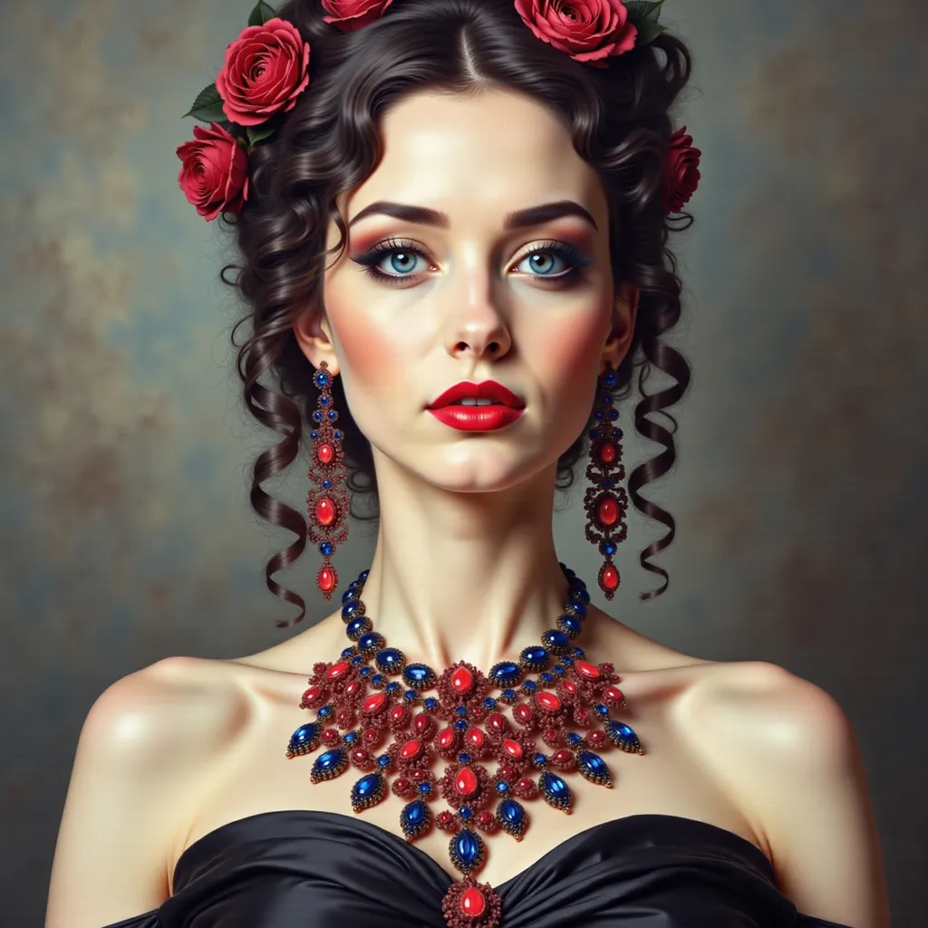 Prompt: a woman with a necklace and earrings on her neck and a red lip and a black dress on her chest, Edwin Georgi, gothic art, highly detailed digital painting, a photorealistic painting