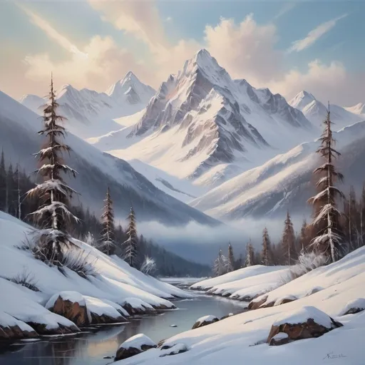 Prompt: Snowy mountain landscape, oil painting, snow-capped peaks, serene winter scene, high quality, realistic, cool tones, soft lighting, peaceful atmosphere