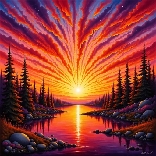 Prompt: Red sunset landscape, oil painting, vibrant colors, fine details, high-quality, realistic, warm tones, dramatic lighting, expansive horizon, silhouettes of trees, serene atmosphere