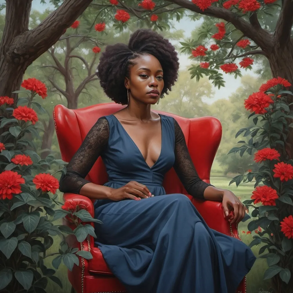 Prompt: a painting of a woman sitting on a red chair in front of a tree with red flowers on it, Chinwe Chukwuogo-Roy, figurative art, highly detailed digital painting, a hyperrealistic painting