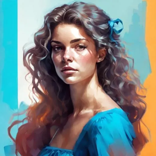 Prompt: a woman with beautiful wavy hair wearing a blue dress