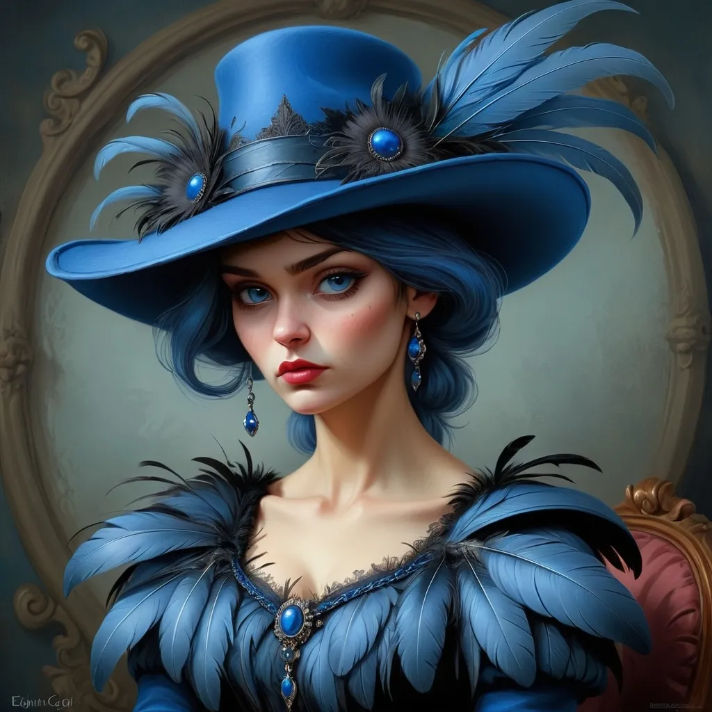 Prompt: a painting of a woman wearing a blue hat with feathersr Edwin Georgi, gothic art, highly detailed digital painting, a detailed painting