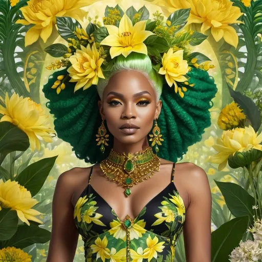 Prompt: <mymodel>In a majestic detailed floral the mystical Empress, a black woman with green and yellow hair, stands tall amidst vibrant flora, embodying divine grace and feminine power.