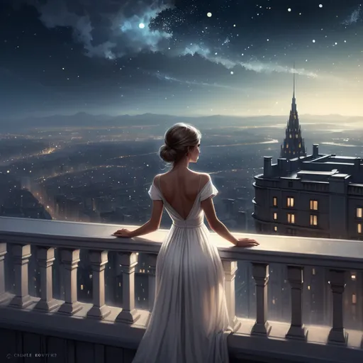 Prompt: a woman in a white dress standing on a balcony looking at the city below her and the stars above her, Charlie Bowater, fantasy art, highly detailed digital painting, a photorealistic painting